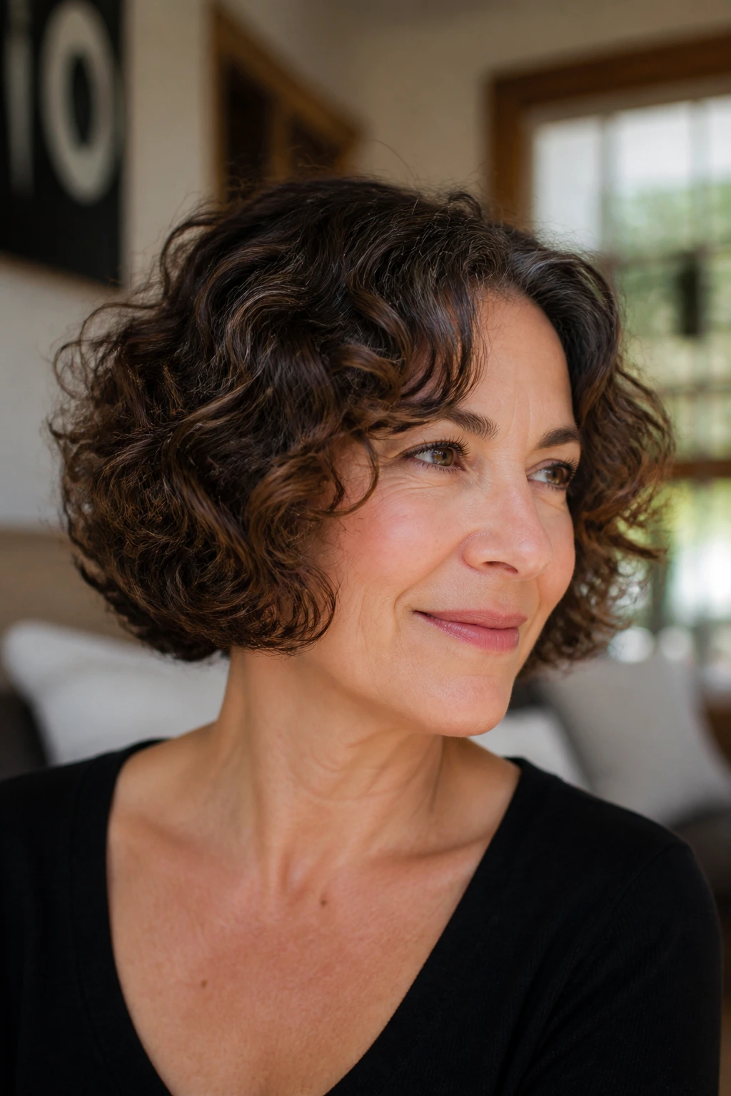 Close-up of chin-length curly bob with soft internal layers on a real person