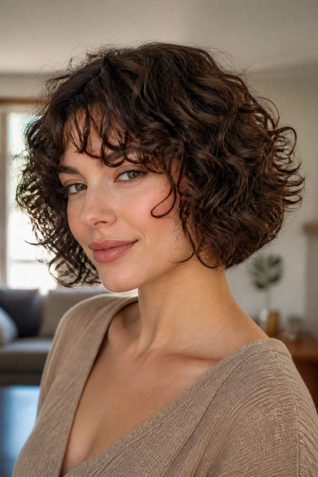 Close-up of chin-length curly bob with soft interior layers on a real person.
