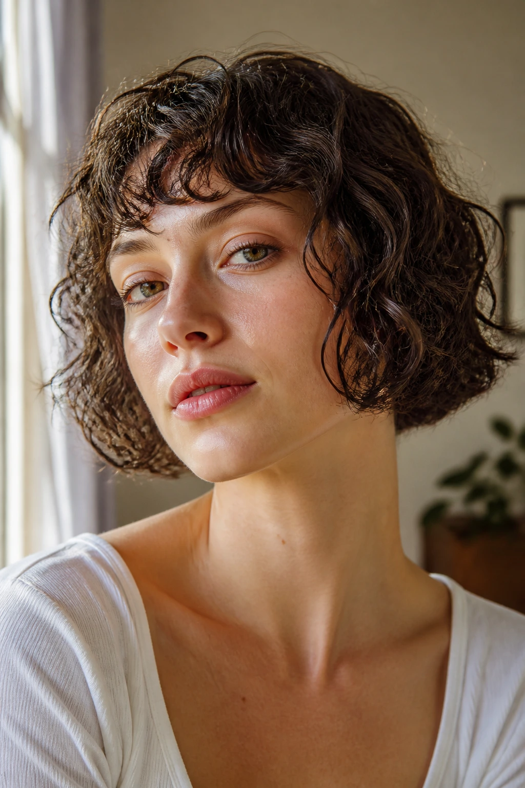 Close-up of real person with chin-length curly bob.