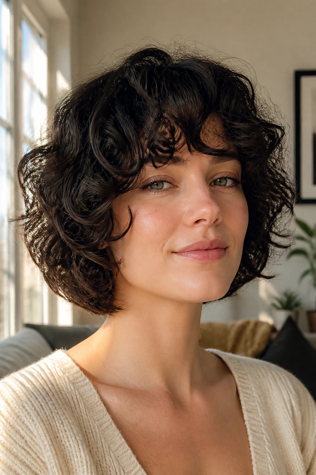 Close-up portrait of a real woman with a chin-length curly bob shag and jawline-framing curls.