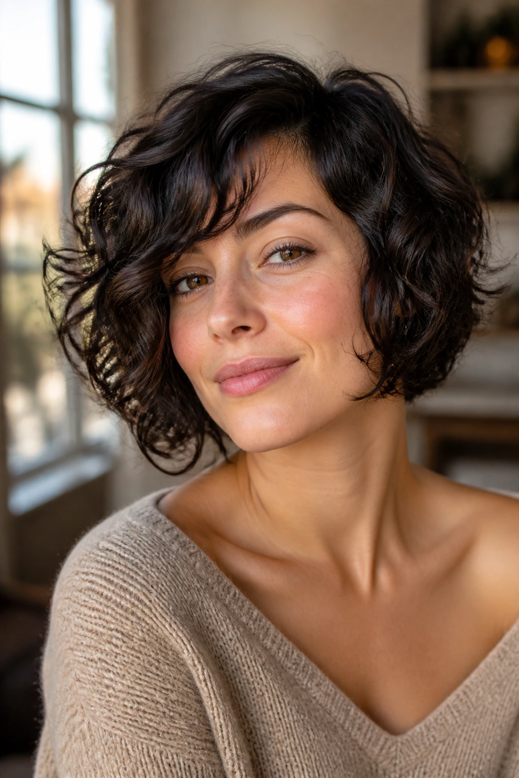 Close-up of a real person with chin-length curly bob and side fringe