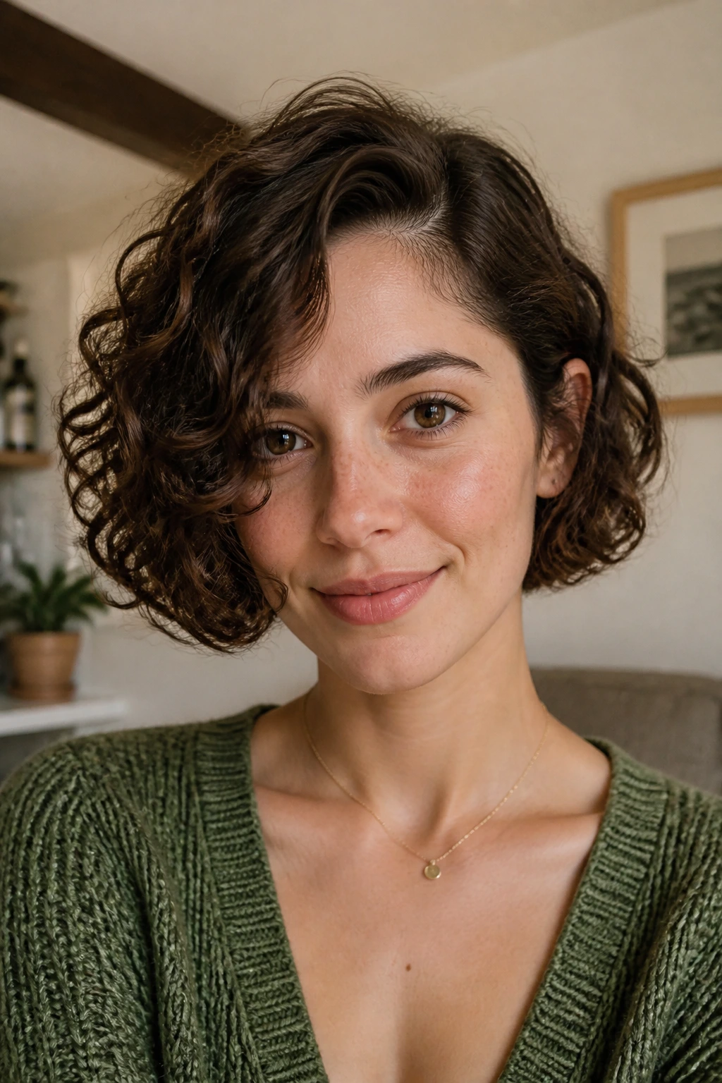 Portrait of person with chin-length curly bob with side part