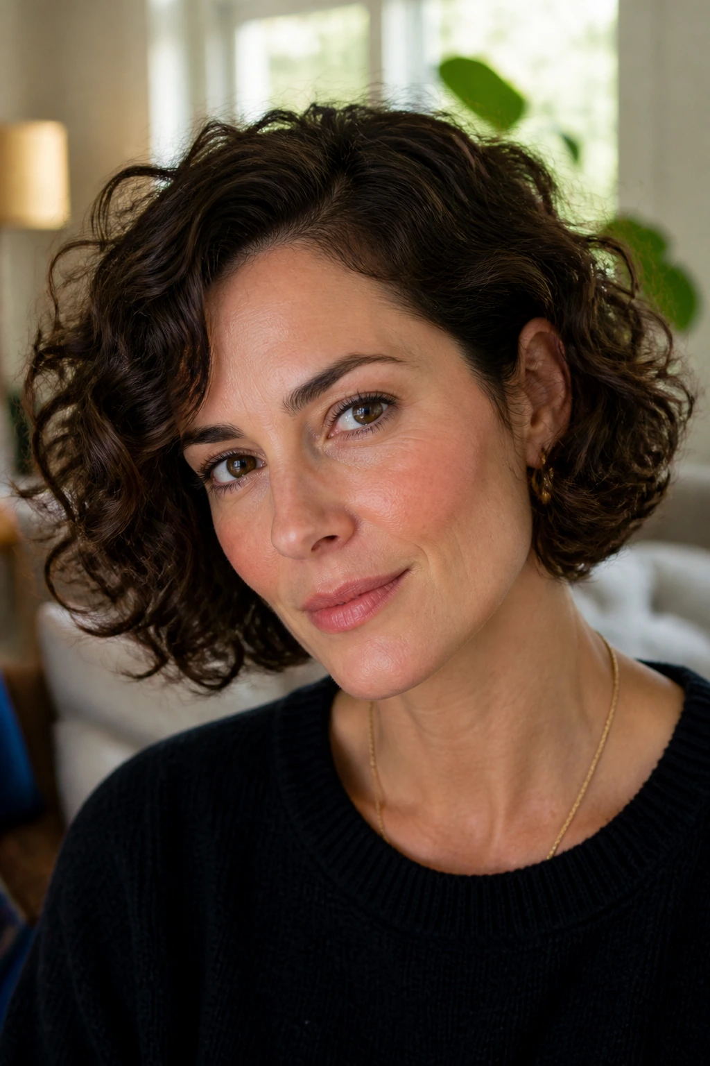 Woman with chin-length curly bob and side part in warm room lighting
