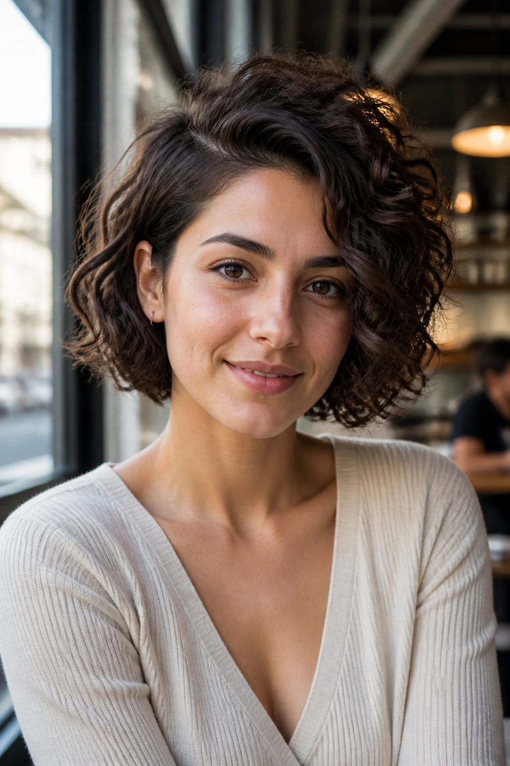 Close-up of a real woman with chin-length curly bob and side volume in cafe daylight