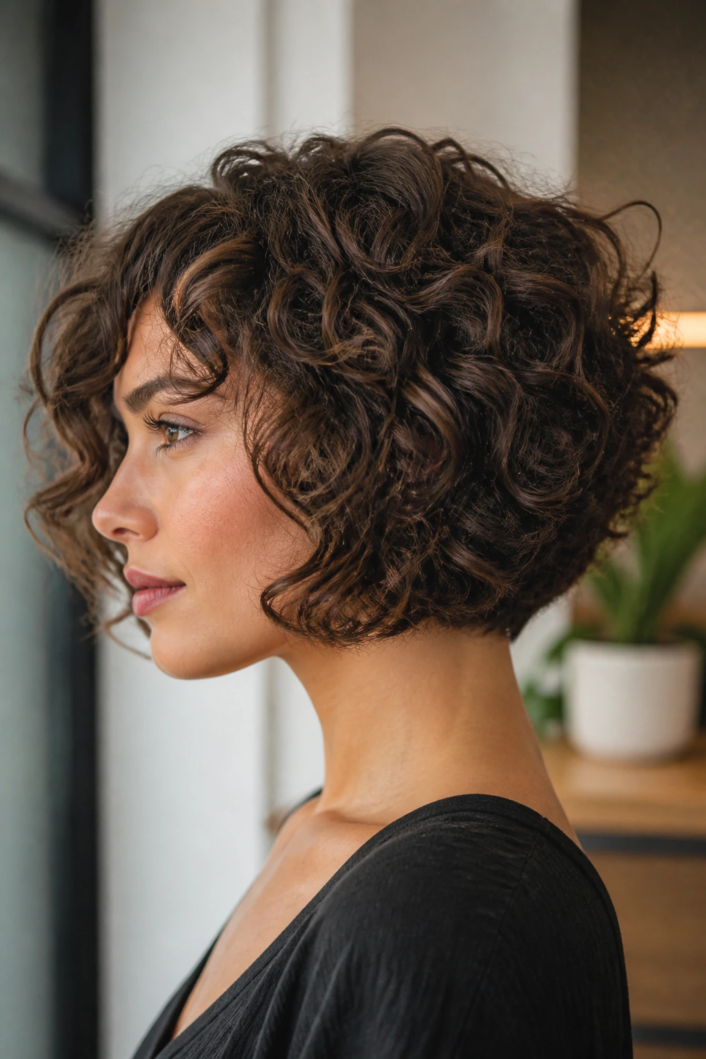 Close-up of real woman with chin-length curly bob and stacked back
