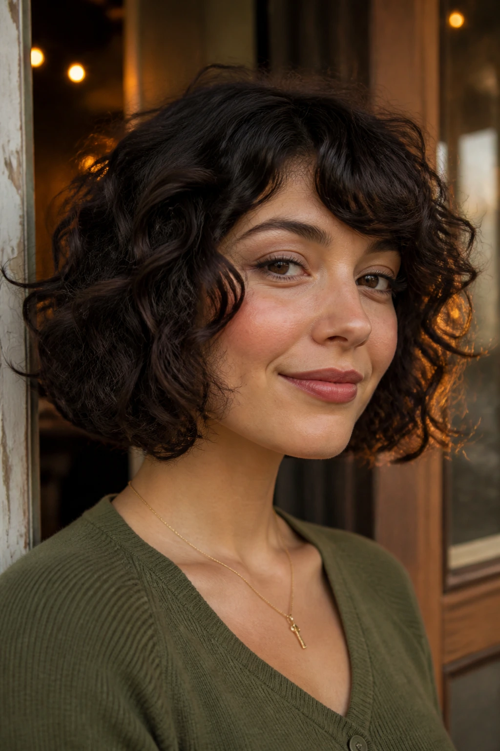 Close-up portrait of a woman with a chin-length curly bob and swoop bangs.