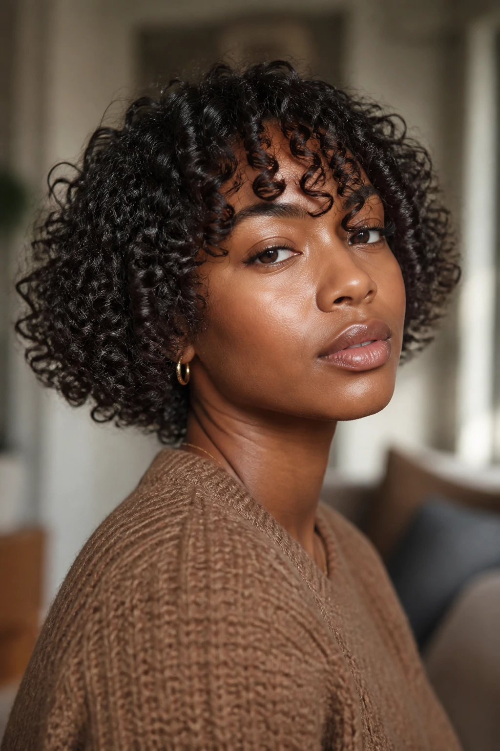 Close-up portrait of a real person with a chin-length curly crop