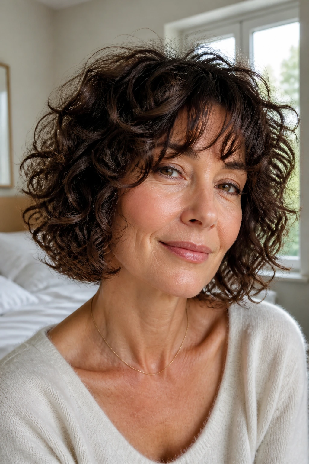 Real woman with chin-length curly shag and airy fringe
