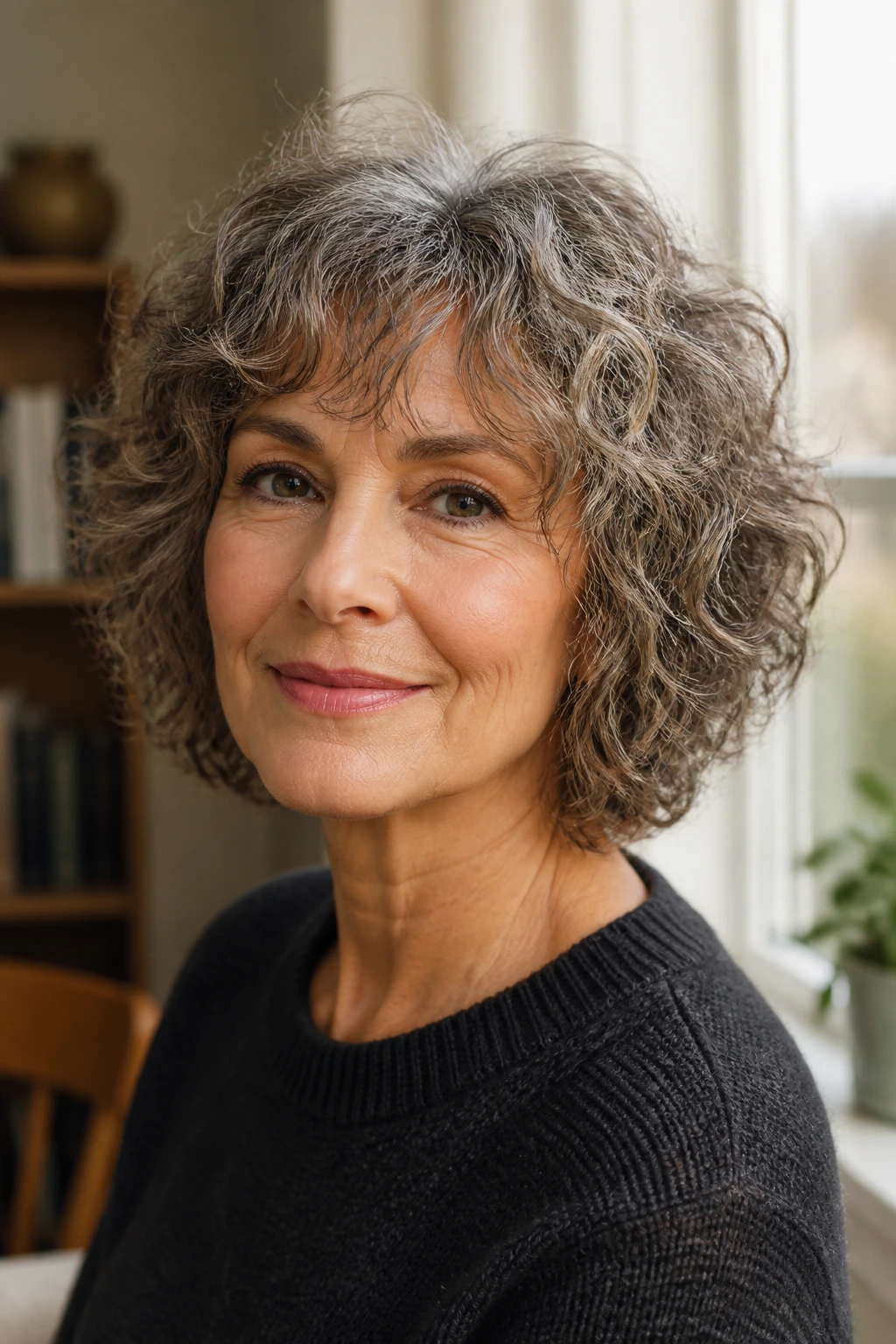 Portrait of a woman with chin-length curly shag and airy fringe by a window