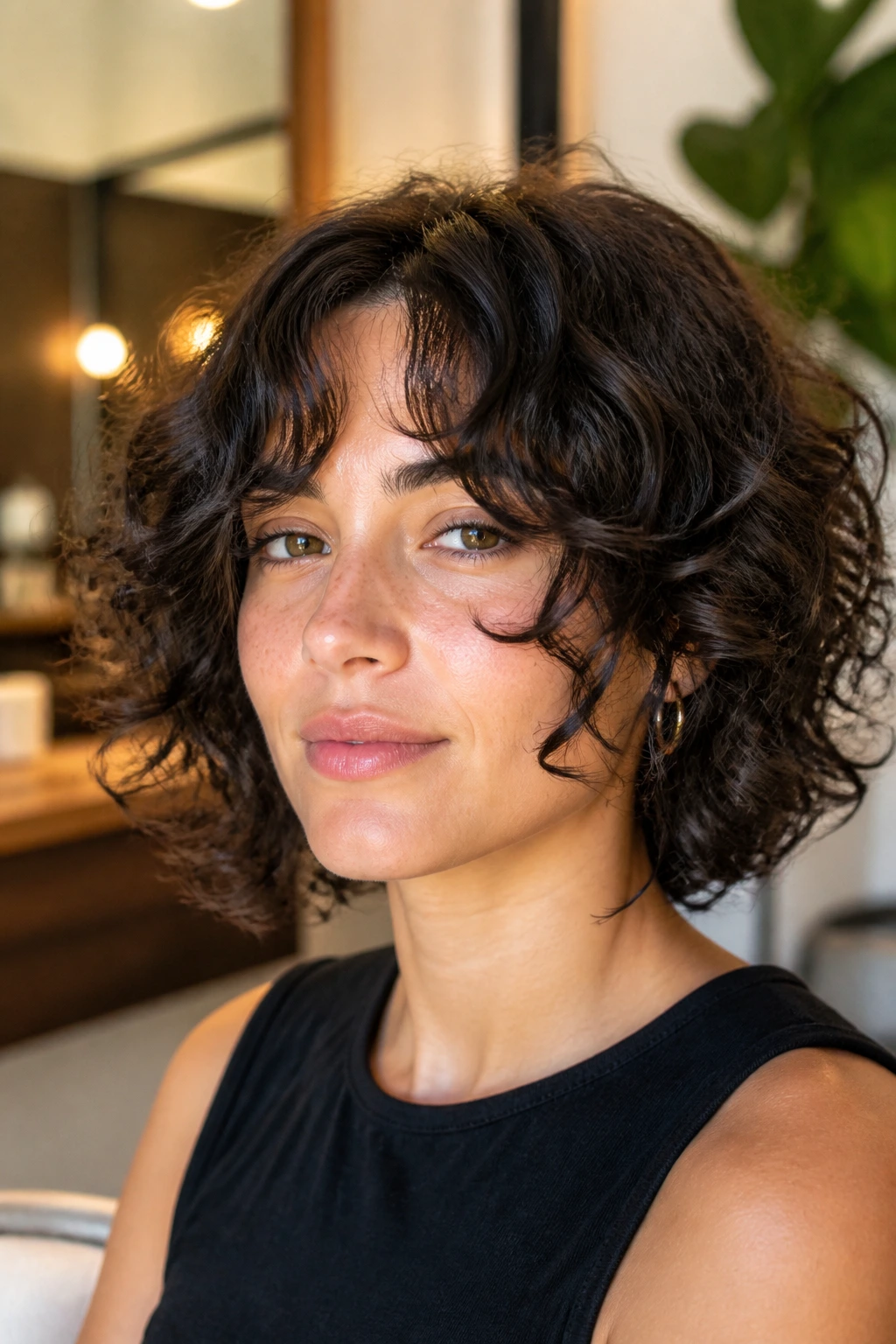 Real person with chin-length curly shag and curtain bangs