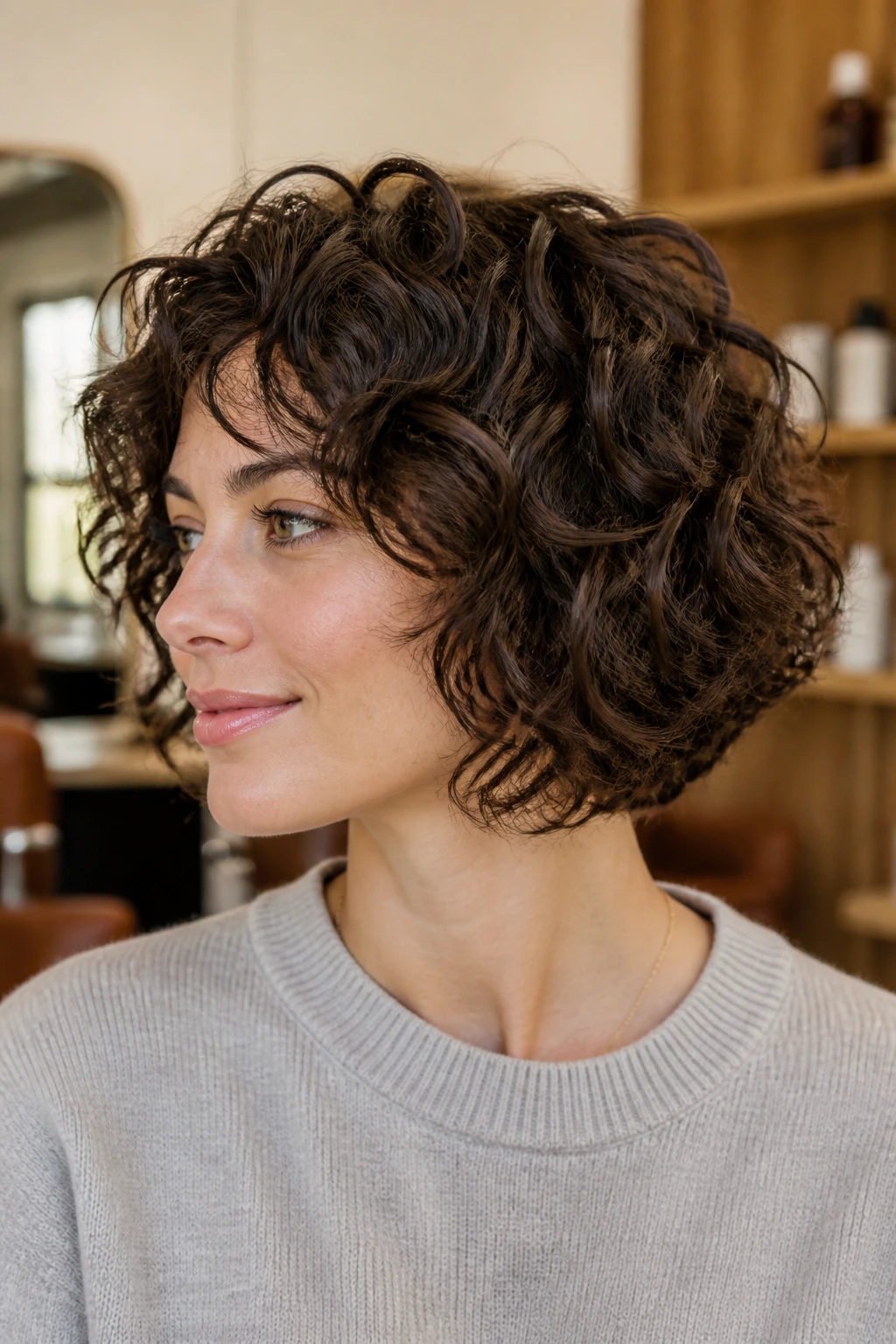 Close-up of a real woman with chin-length curly shag bob in warm salon light