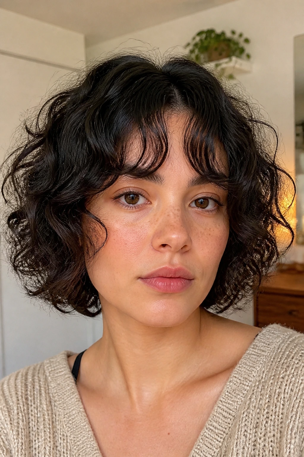 Close-up of chin-length curly shag with curtain bangs on a real person in a warm indoor setting
