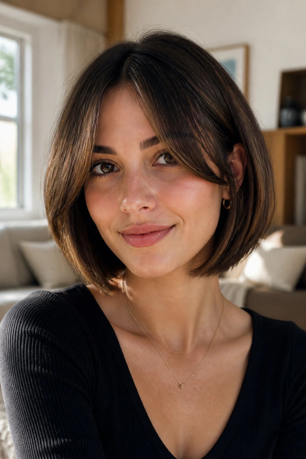 Close-up of a woman with chin-length bob and curtain bangs in a sunlit living room