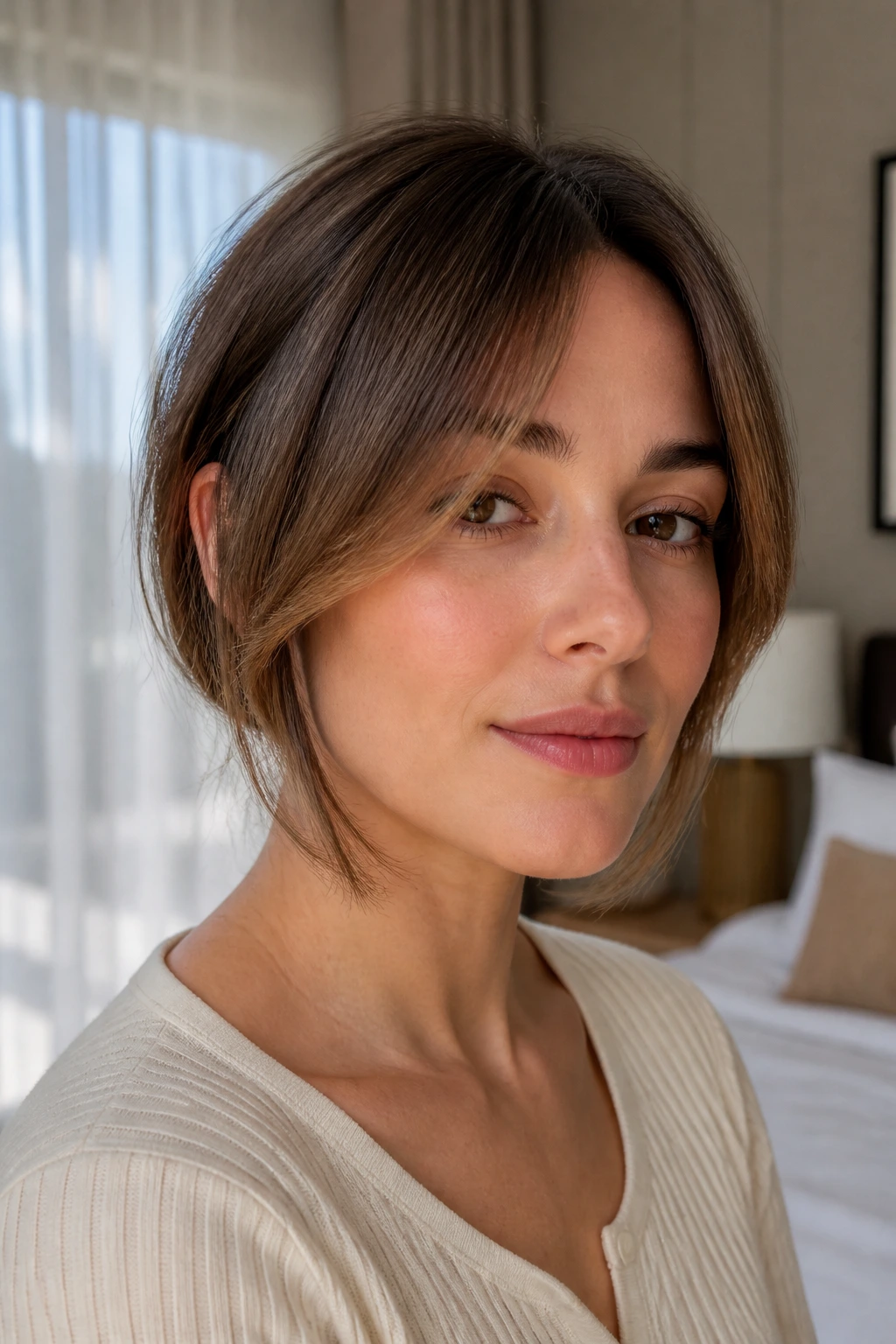Close-up of a real woman wearing chin-length open curtain fringe.