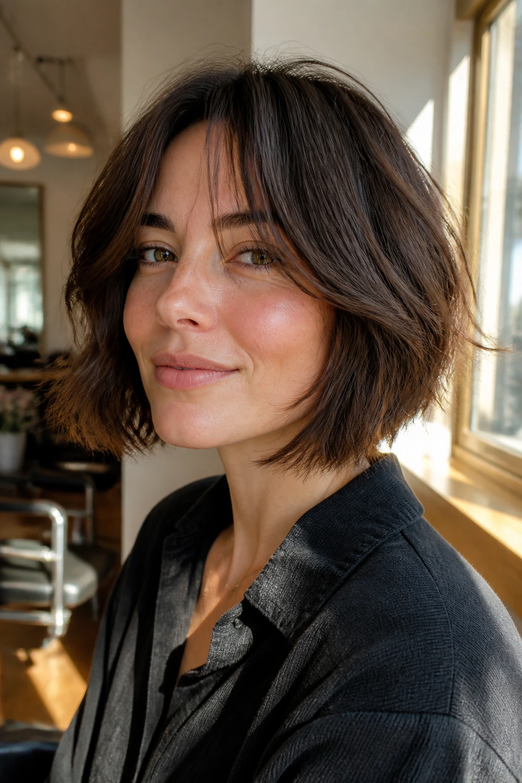 Close-up of chin-length curtain shag with curtain bangs