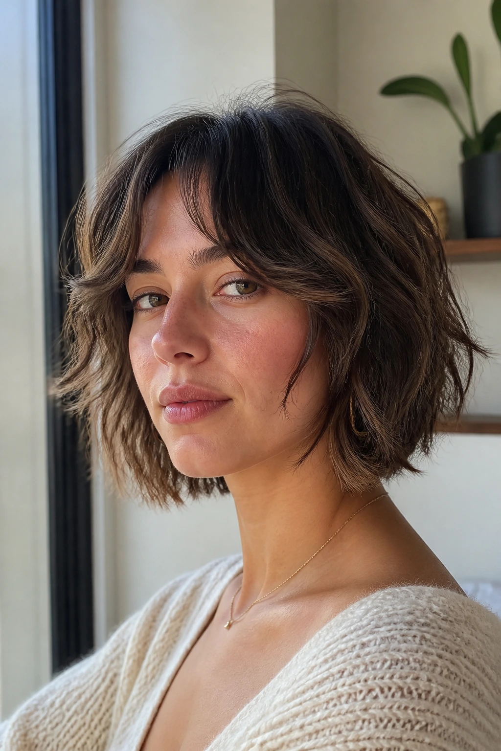 Real woman with chin-length curtain shag showing curtain bangs and waves