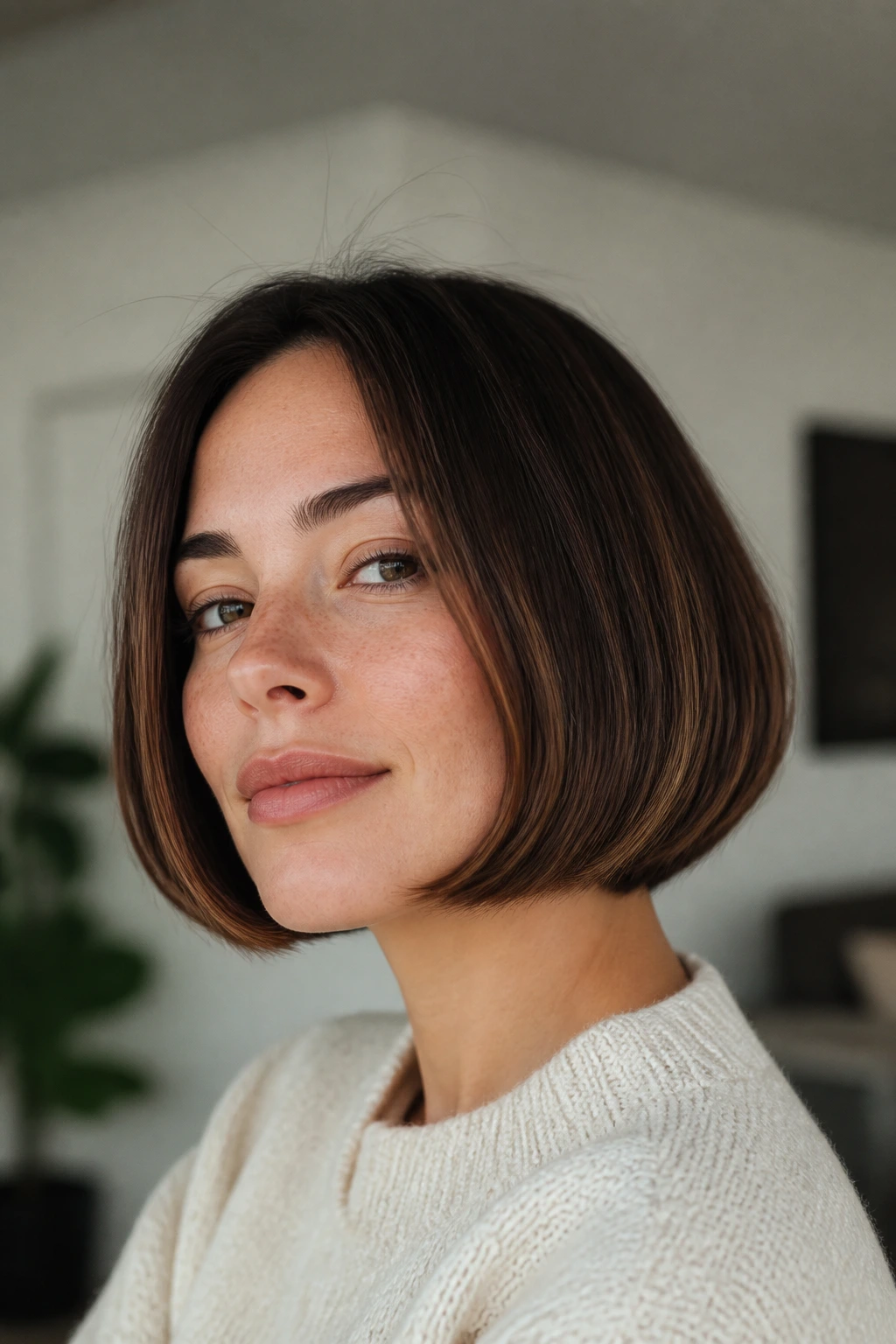 Close-up of woman with chin-length curve-in bob framing the jaw.