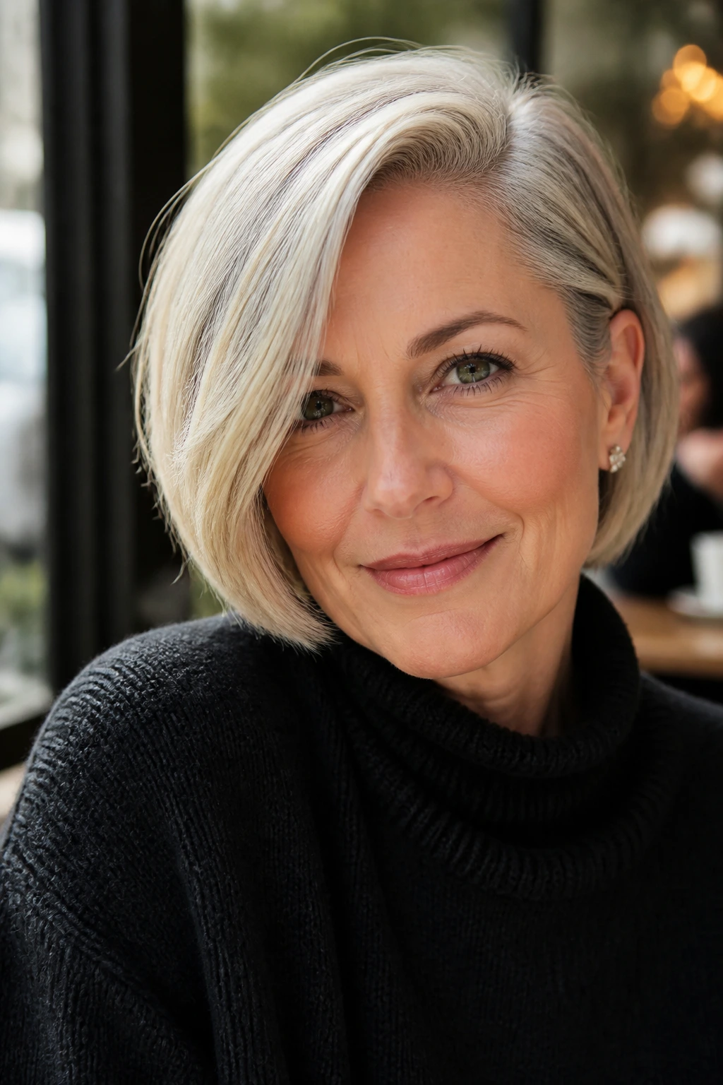 Portrait of a real woman with a chin-length cut and deep side part