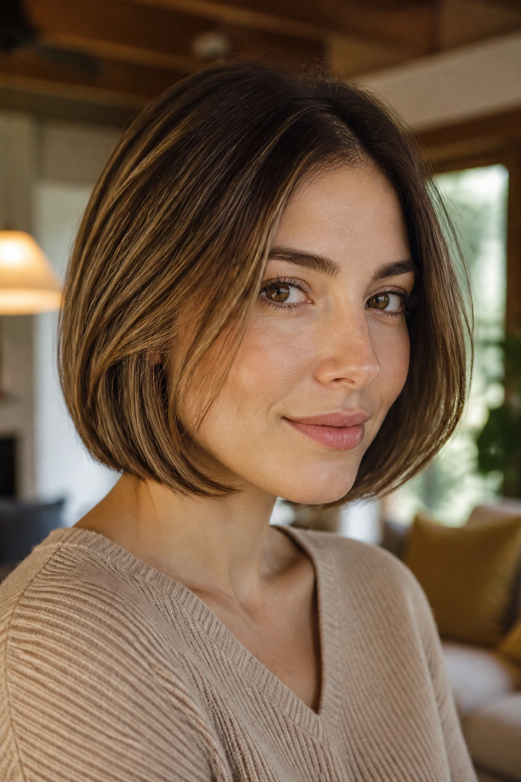 Close-up portrait of a person with chin-length cut and tucked-in ends