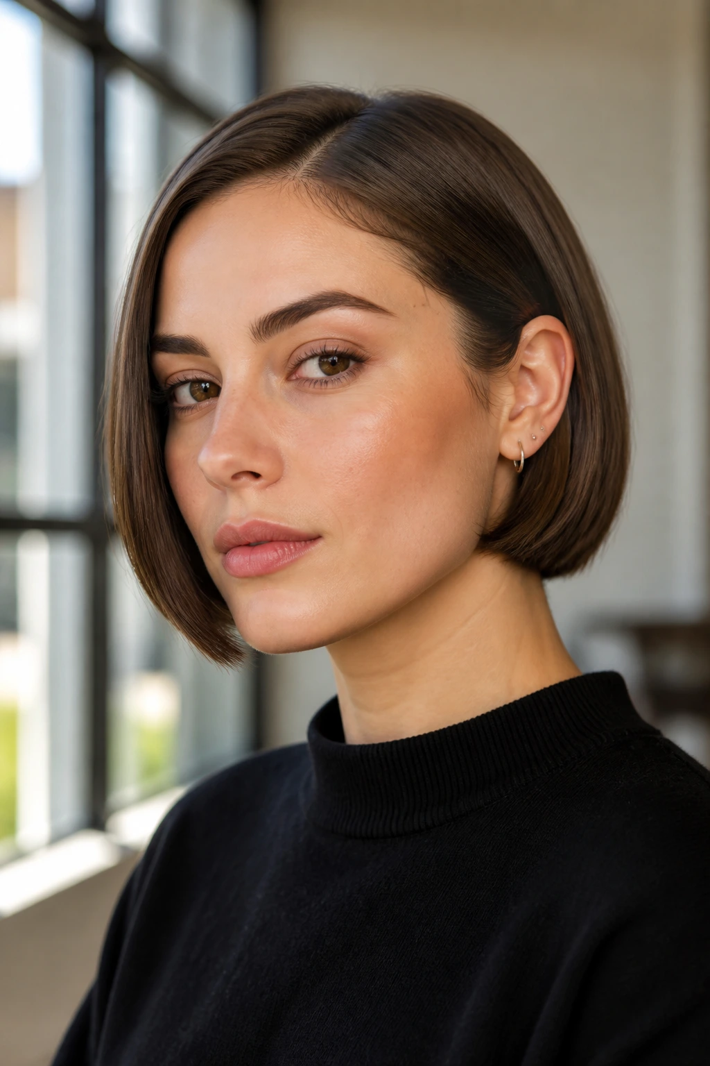 Close-up portrait of a real person with a chin-length pageboy tucked behind the ears