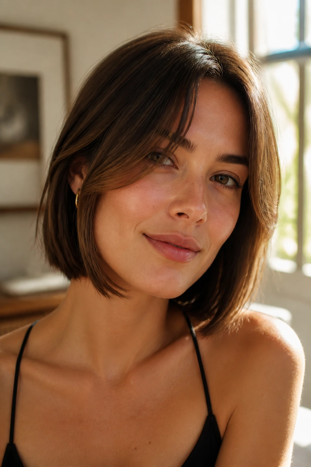 Close-up portrait of a real woman with chin-length face-frame curtains at the jaw