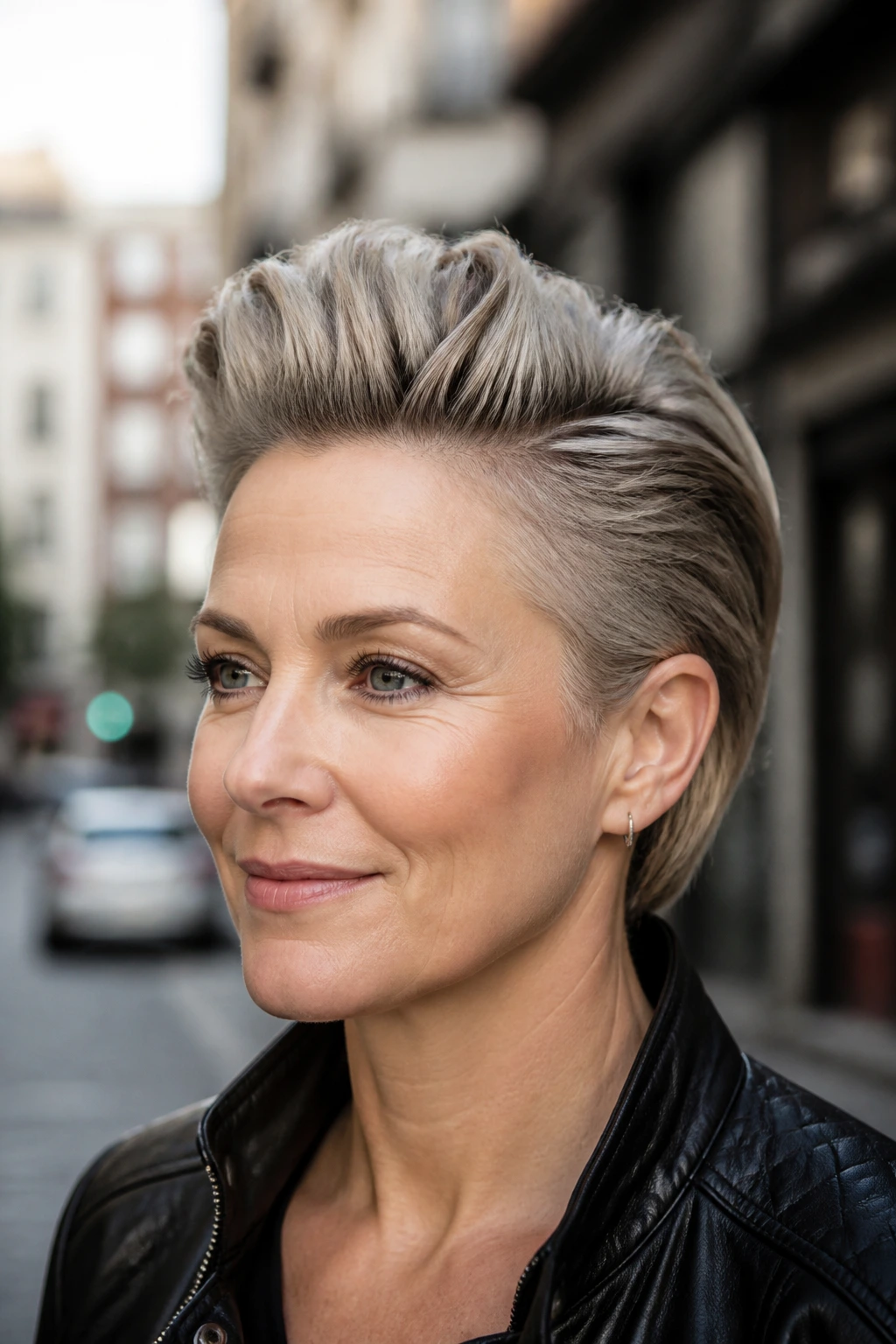 Portrait of a real woman with chin-length faux hawk showing crisp lift and tucked sides on a city street.