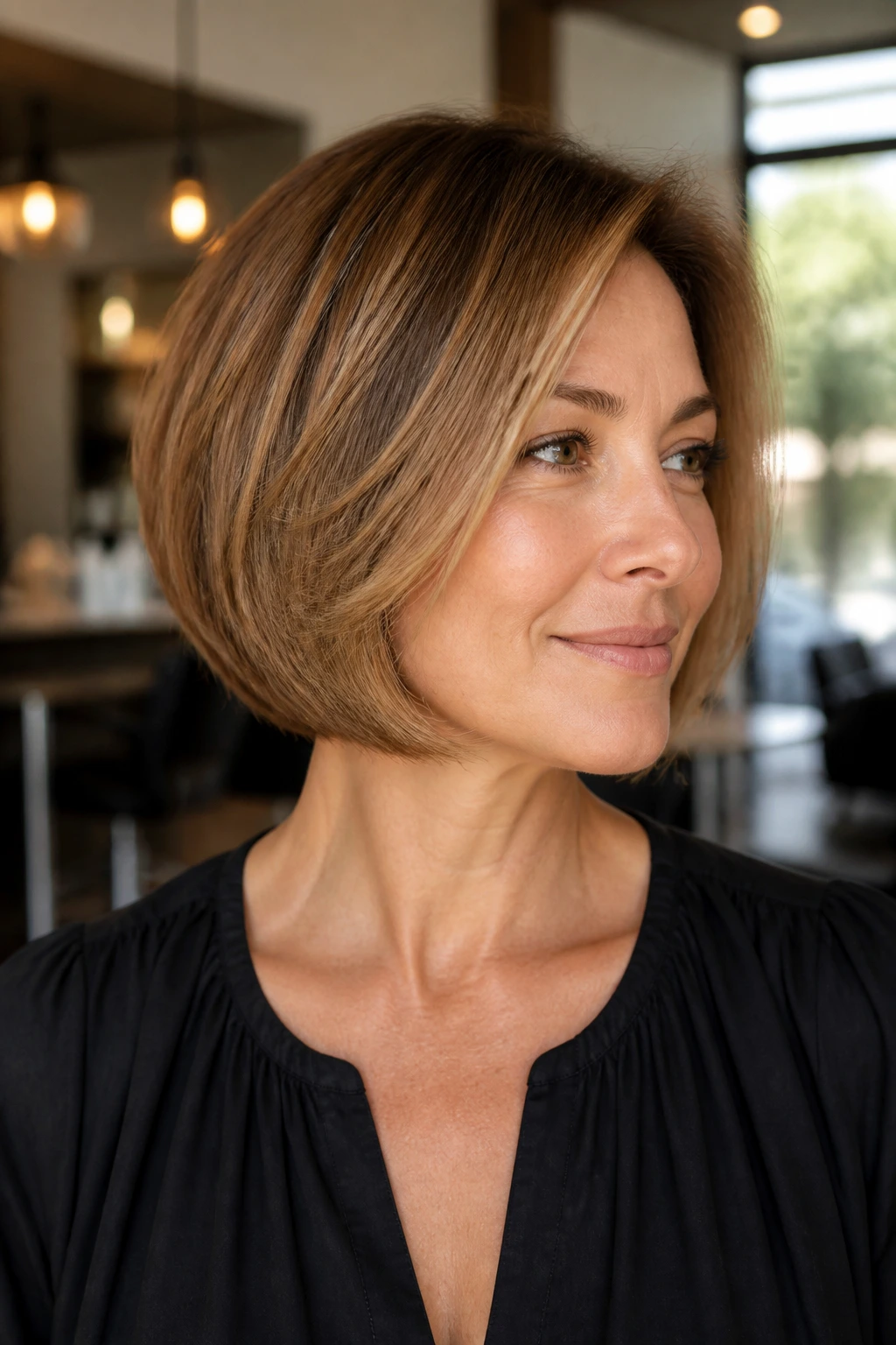 Close-up of a real woman with a chin-length feathered bob