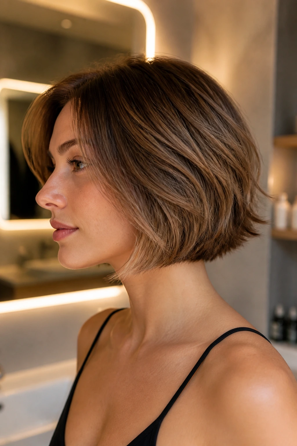 Close-up profile of woman with chin-length feathered bob and flicked ends