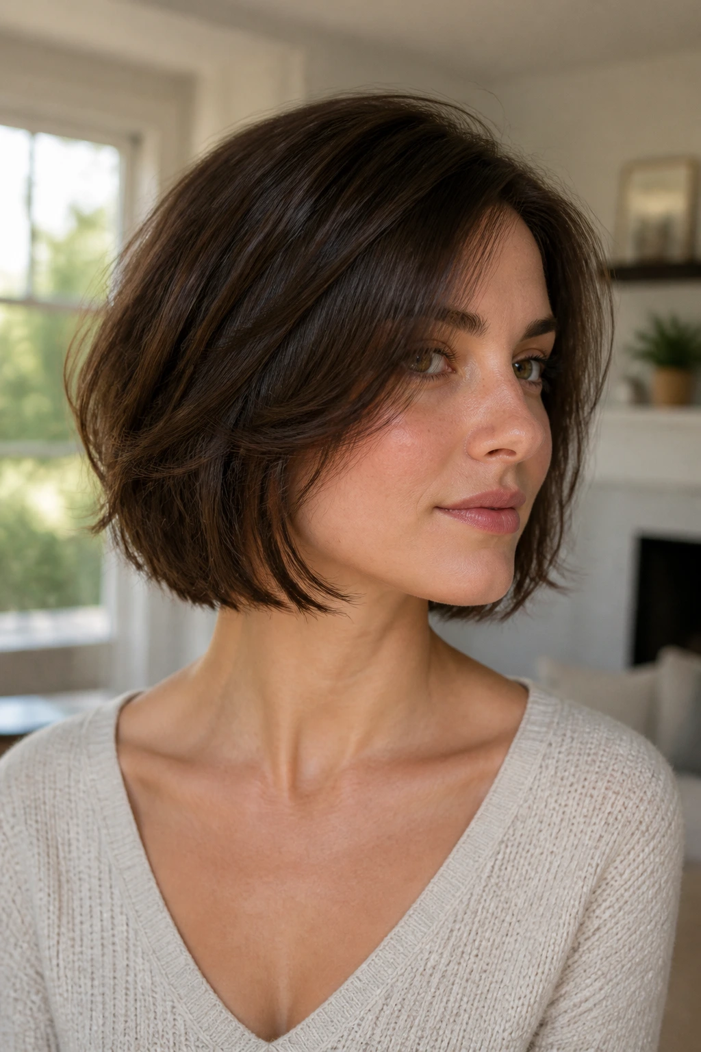 Real woman with chin-length feathered bob in natural light