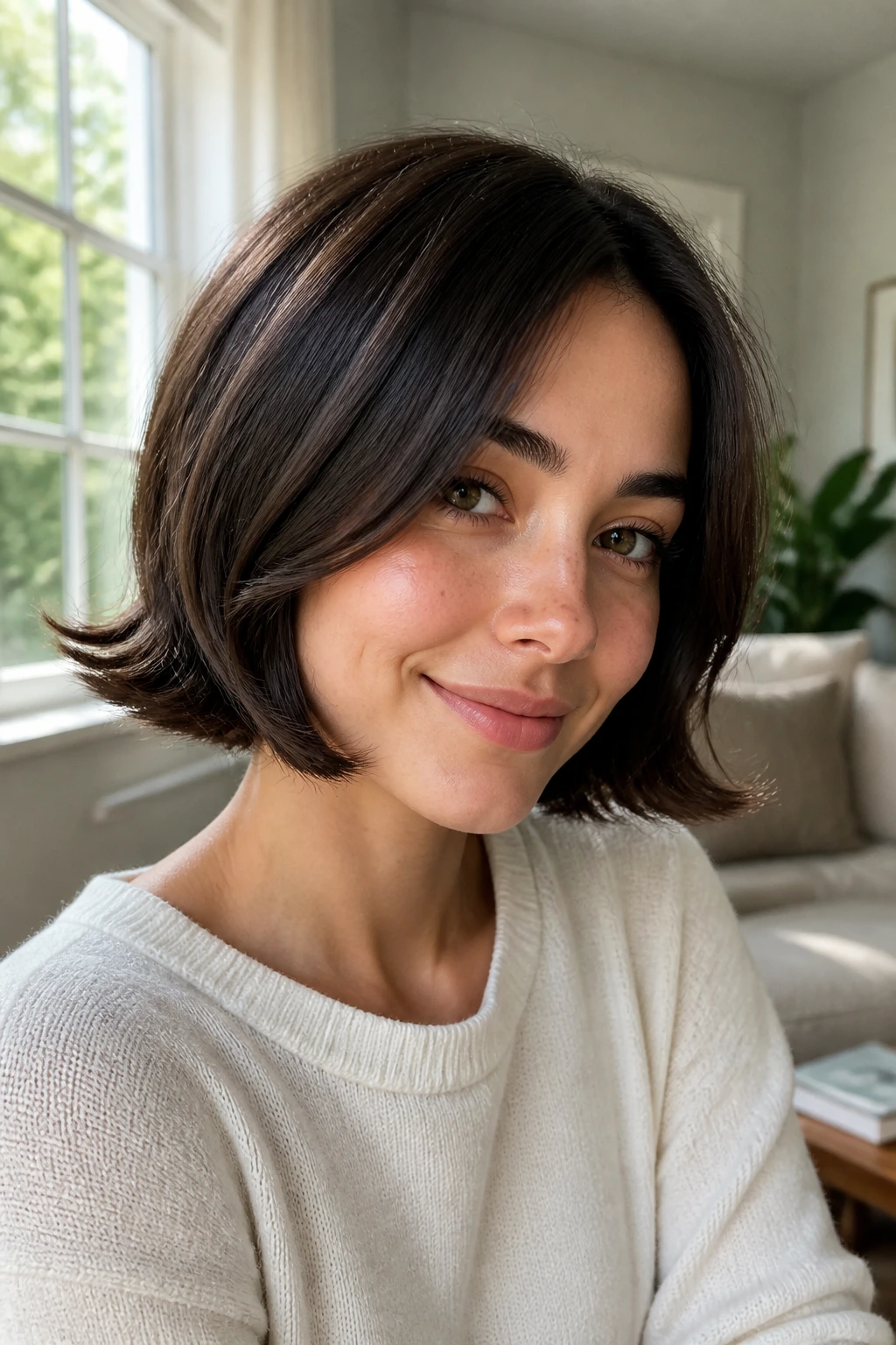 Real person with chin-length bob featuring outward flip at the ends