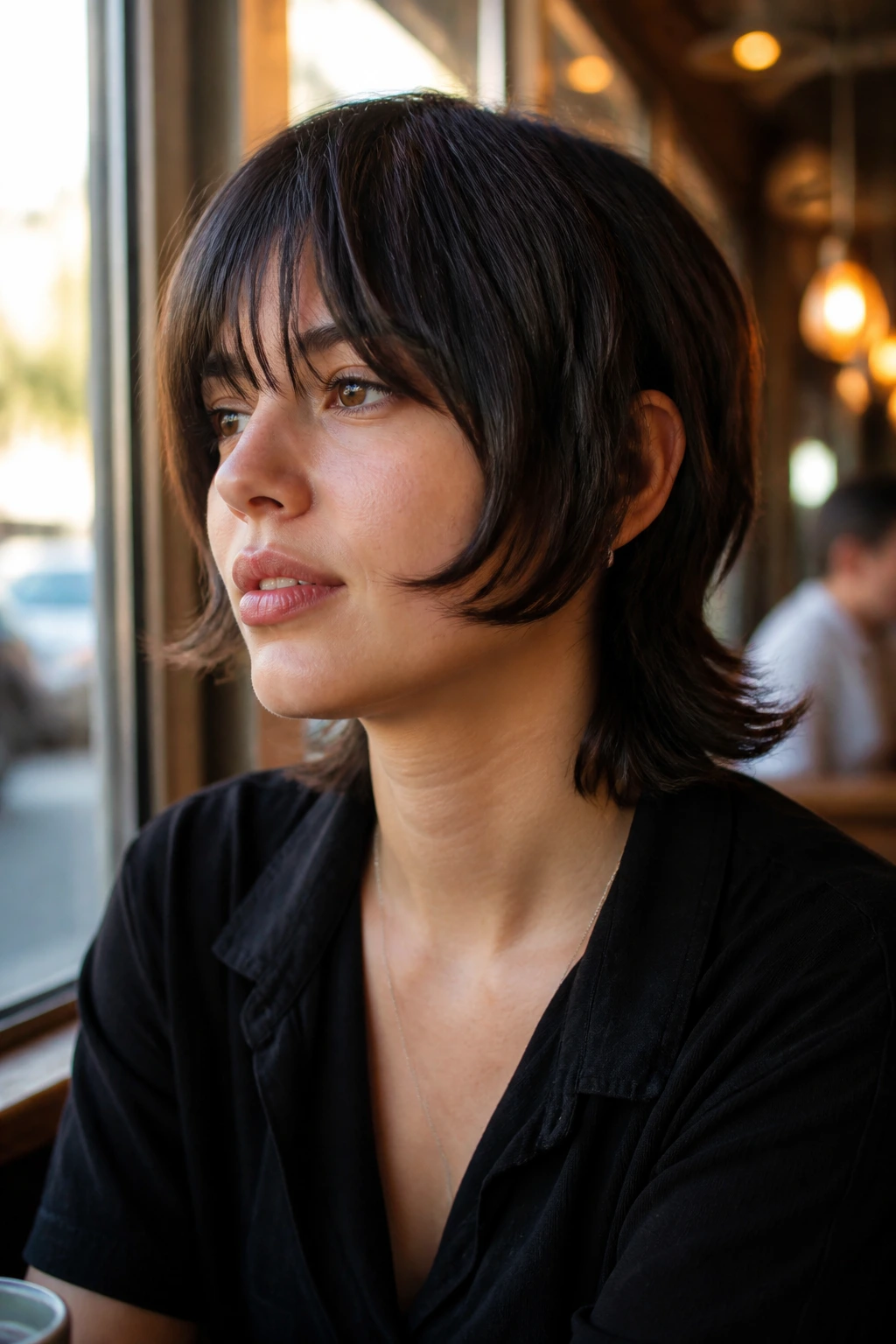 Close-up of real woman with chin-length flip mullet showing outward flip at front pieces