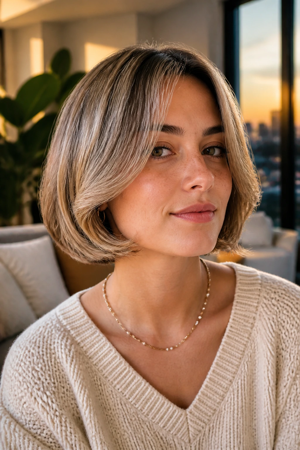 Chin-length bob with outward-flipping curtain bangs