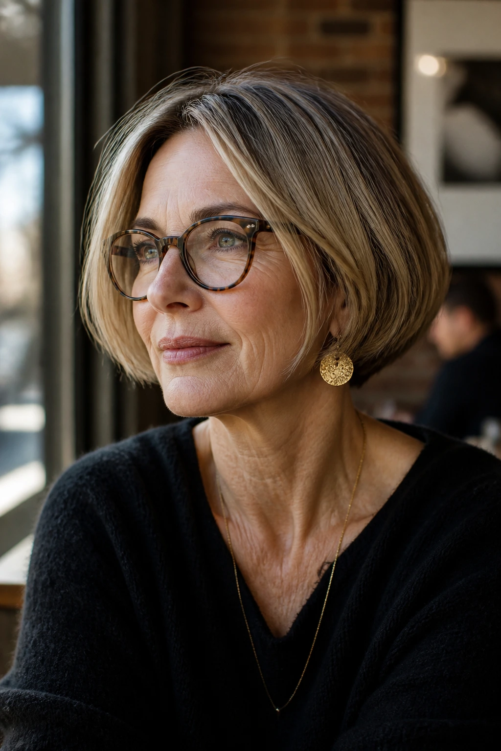 Close-up portrait of a woman with a chin-length French bob