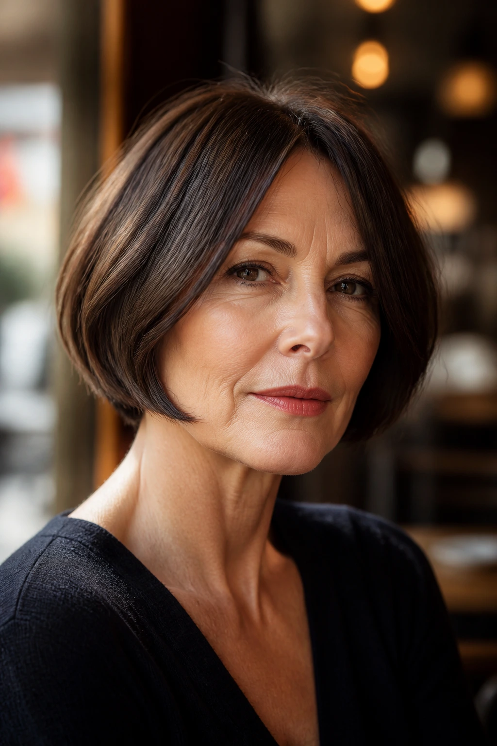 Close-up of a real woman with a chin-length French bob and clean jawline.