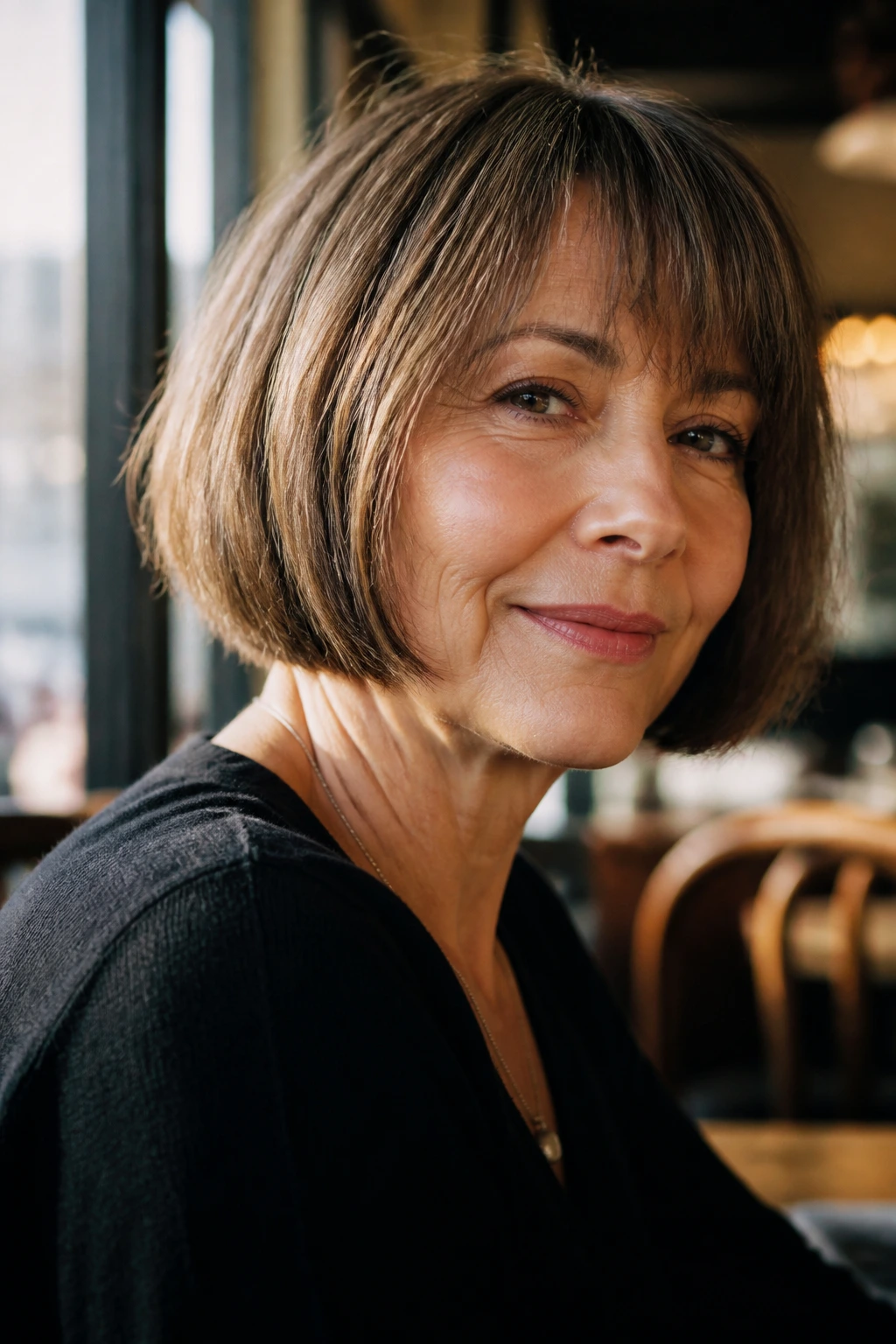 Close-up portrait of a real woman with a chin-length French bob.