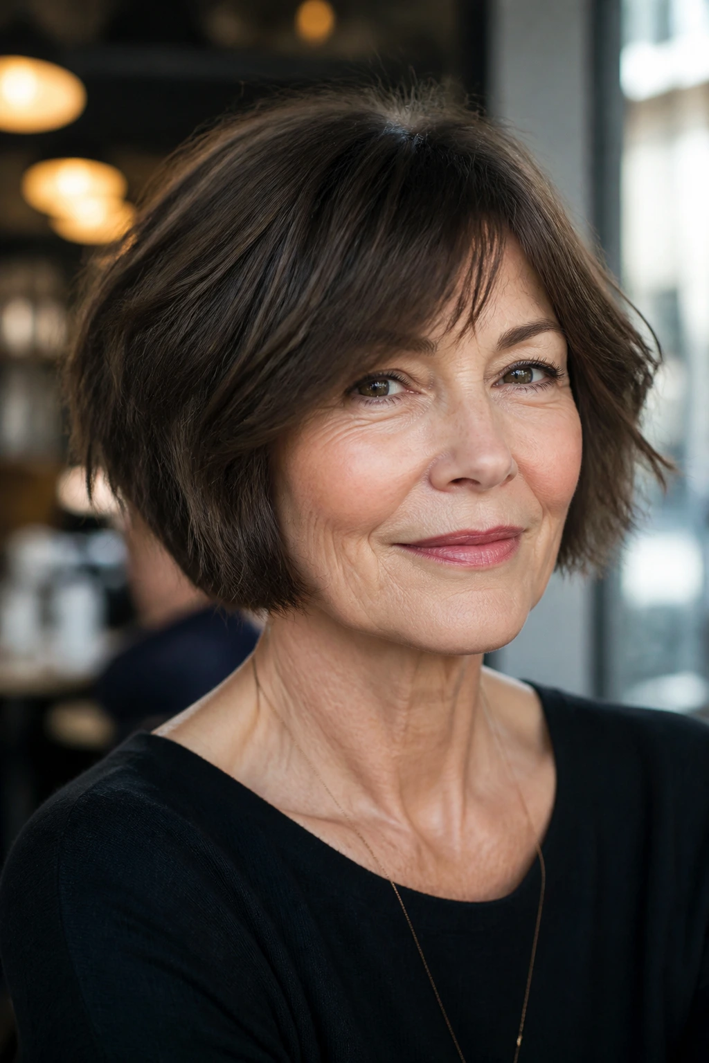 Mature woman with chin-length French bob in natural window light