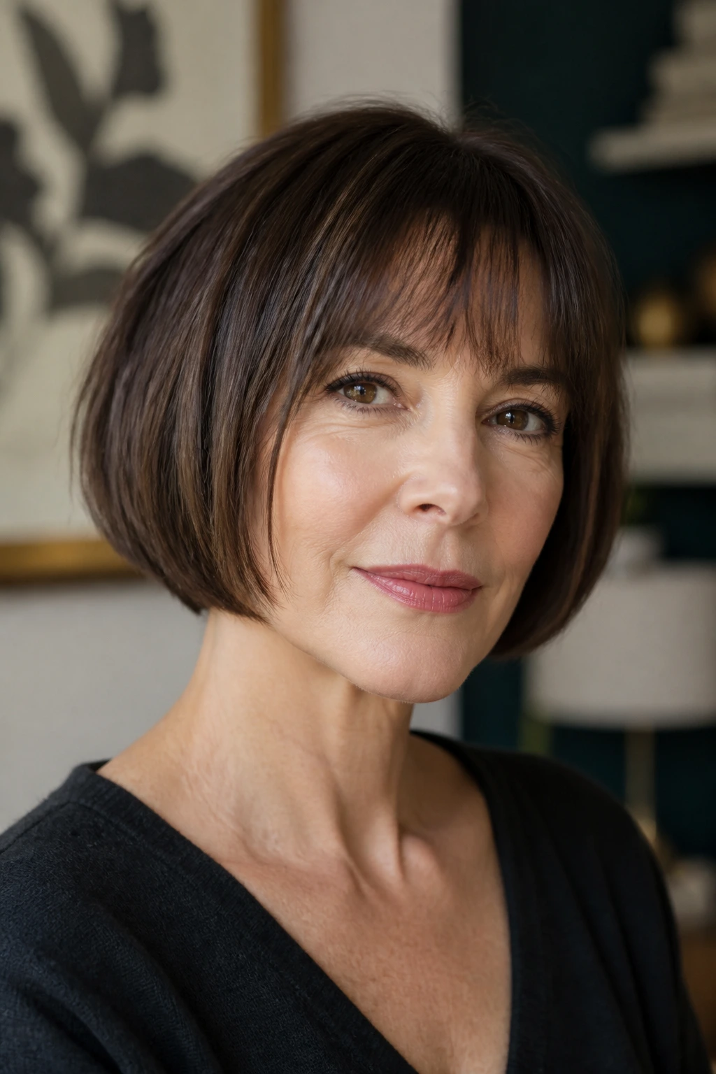 Portrait of a woman with a crisp chin-length French bob
