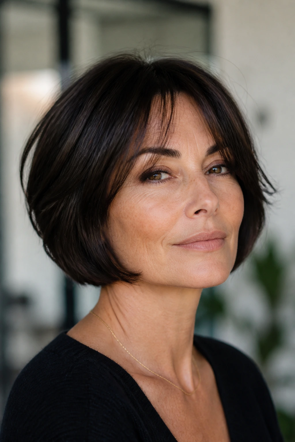 Close-up portrait of a real woman with a crisp chin-length French bob.