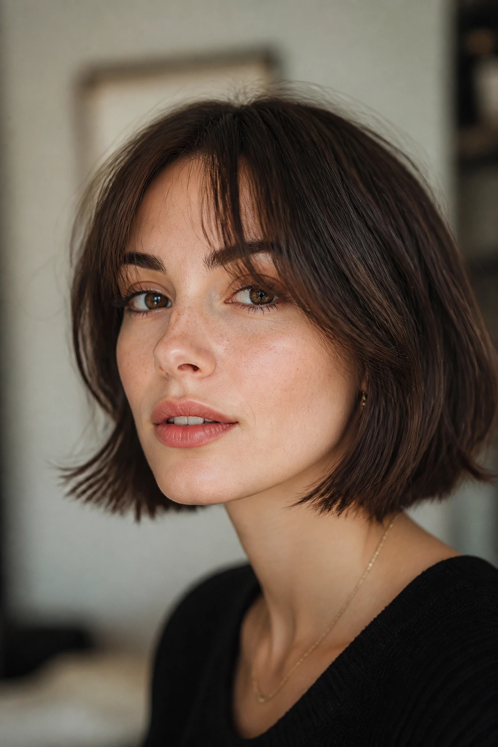 Portrait of woman with chin-length French bob and split fringe