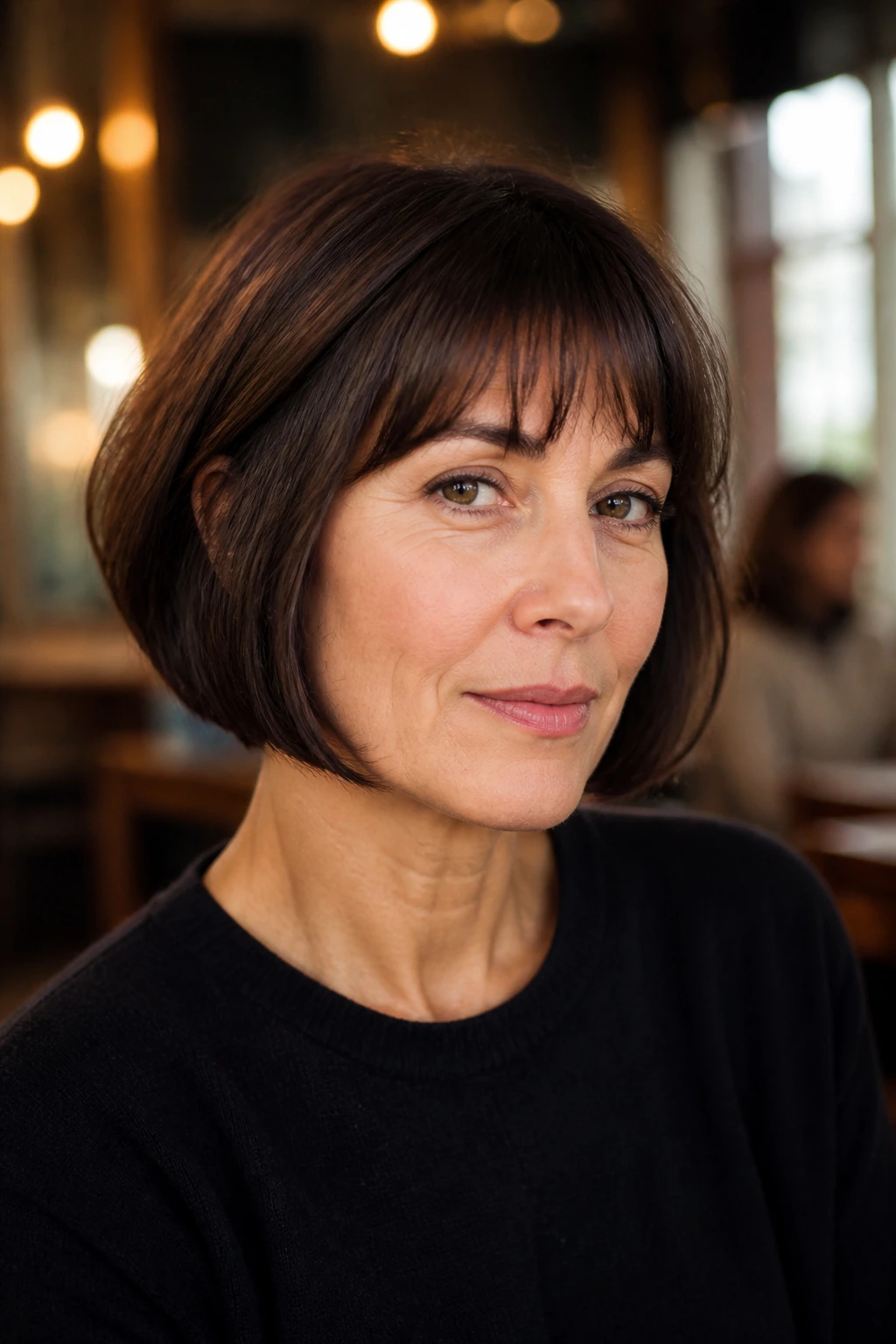 Portrait of woman with chin-length French bob, ends curved under, in warm cafe setting