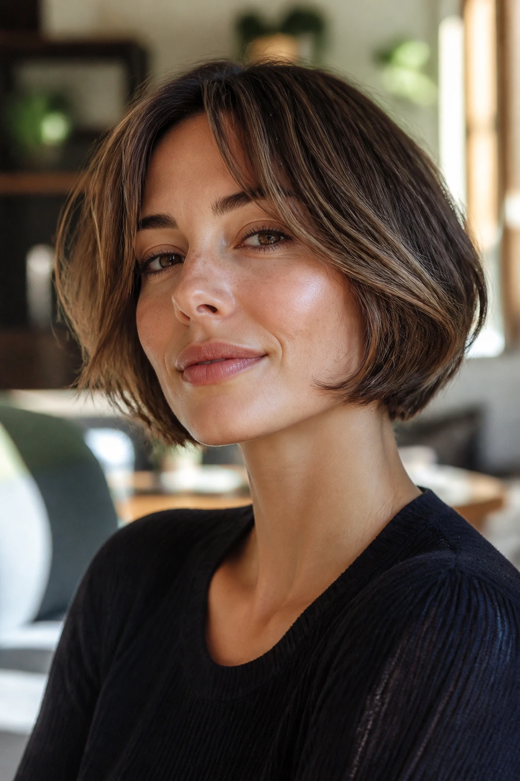 Portrait of a woman with a chin-length French layered bob showing cheek movement