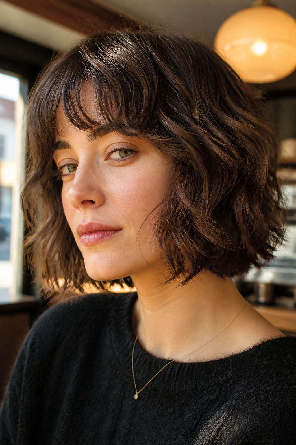 Real person with chin-length French shag showing springy waves