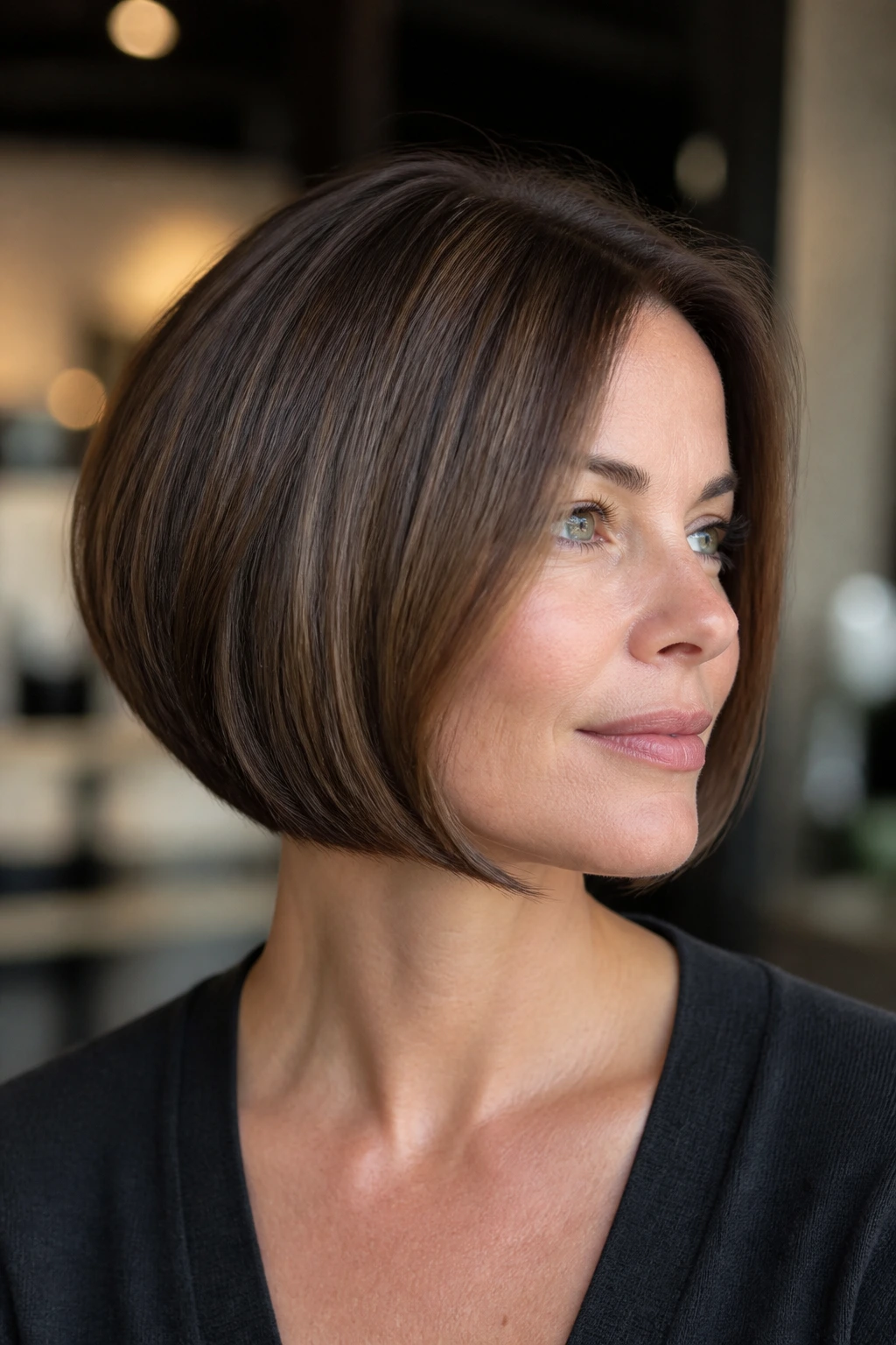 Real woman with chin-length graduated bob and tucked-under curve.
