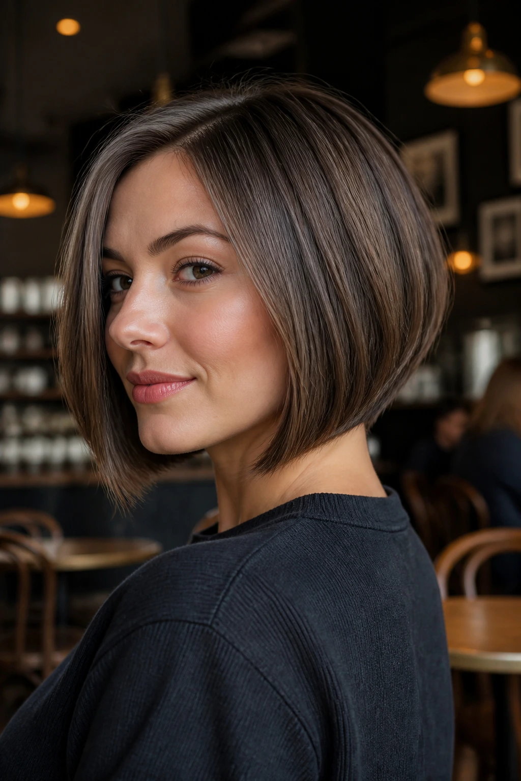 Woman with chin-length graduated bob in a cafe setting