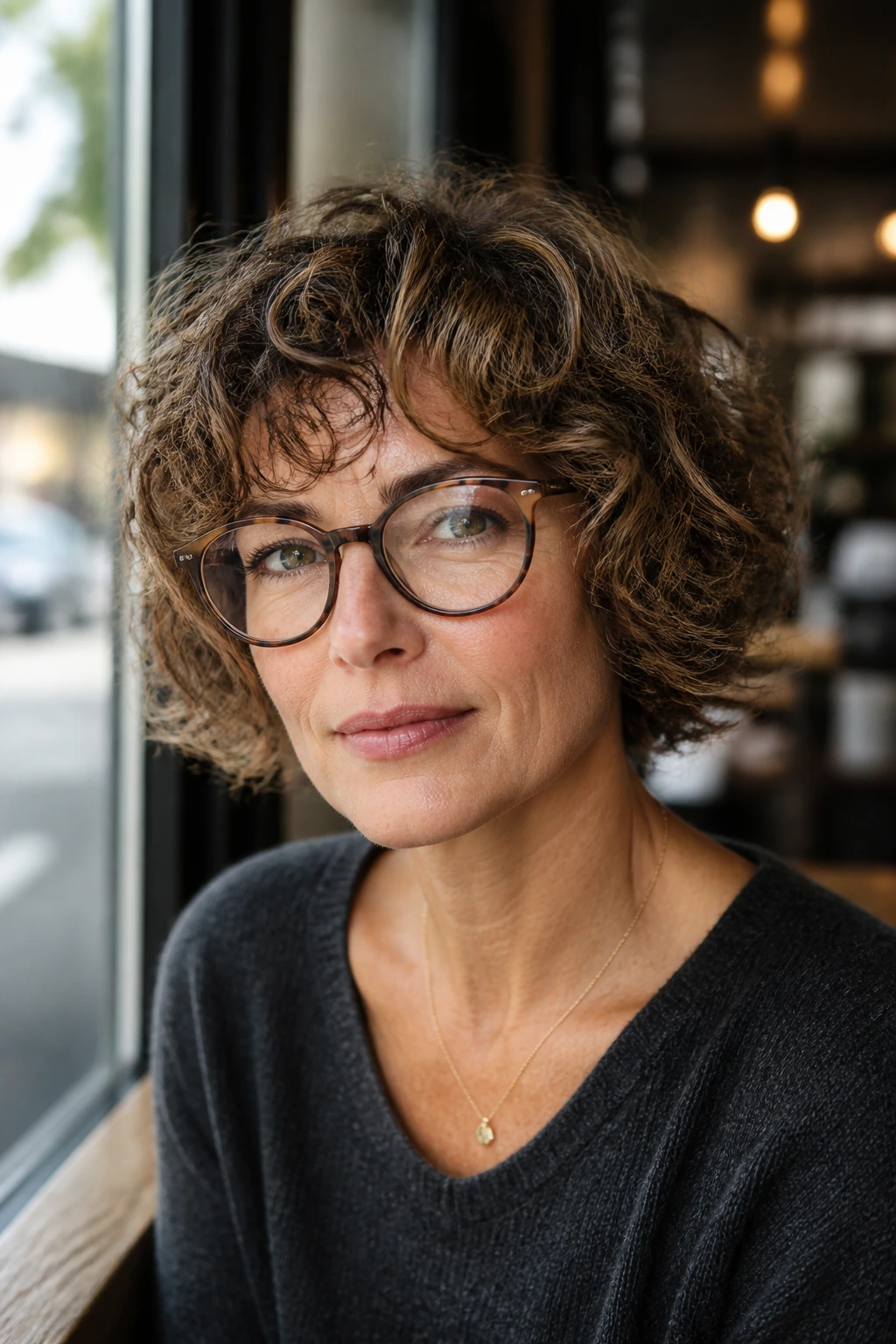 Close-up of a woman with chin-length halo curly shag
