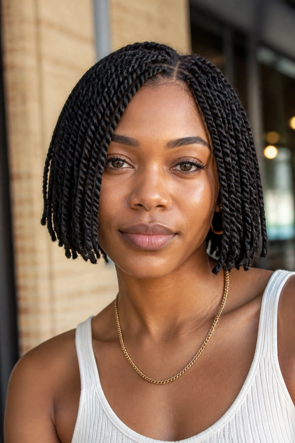 Portrait of a real woman with chin-length Havana twist bob.
