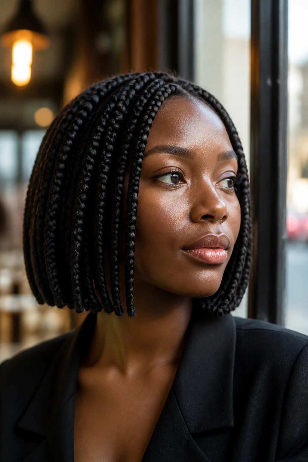 Close-up portrait of a woman with chin-length jumbo box braids
