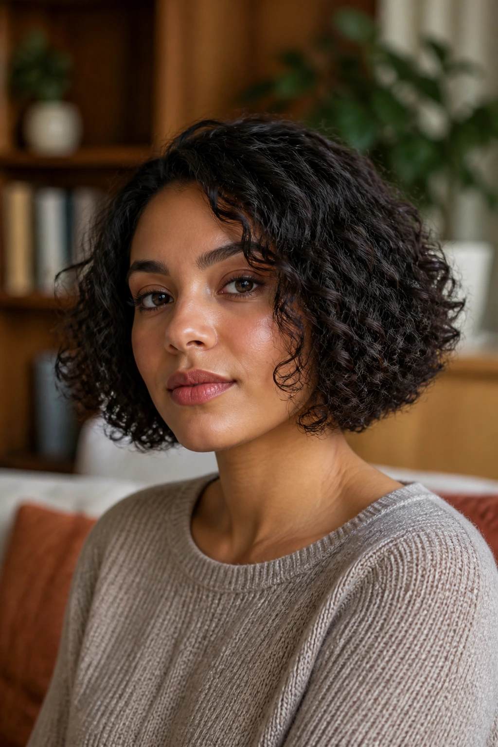 Portrait of a person with a chin-length layered bob and side part.
