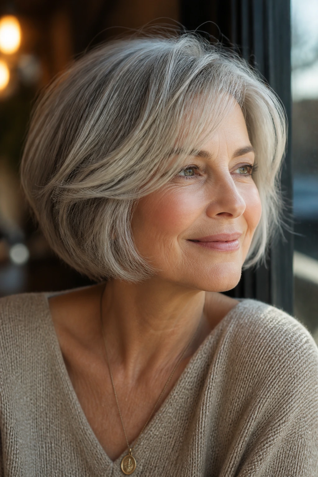 Close-up of a 60-year-old woman with chin-length layered bob and airy ends