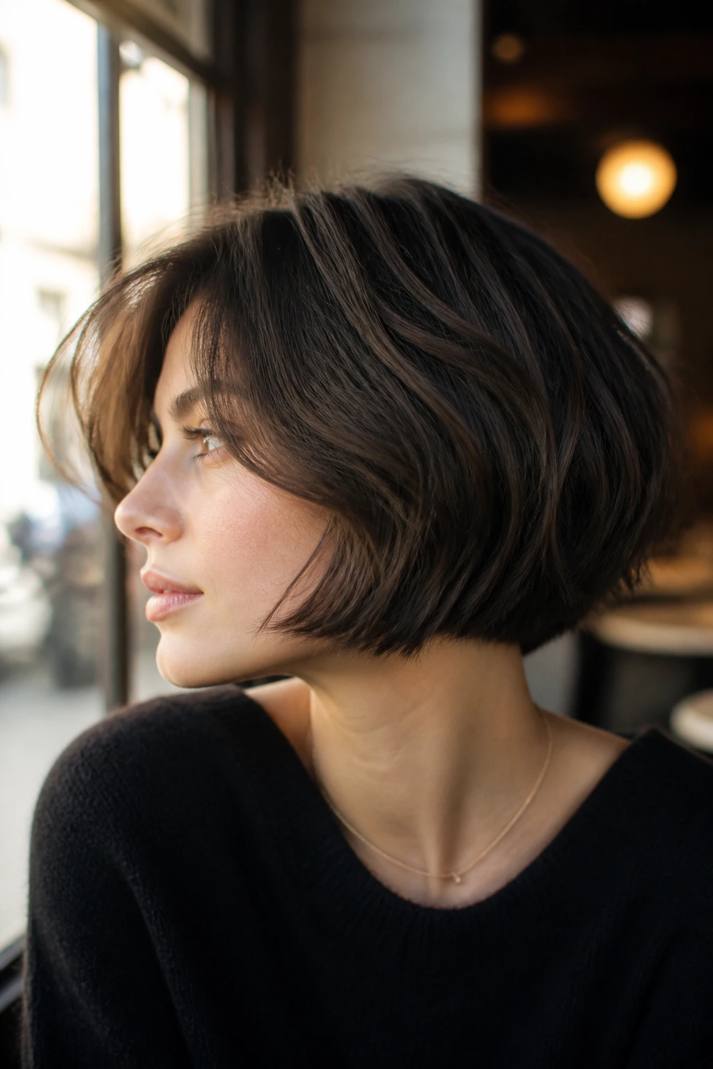 Profile view of a real woman with a chin-length French layered bob